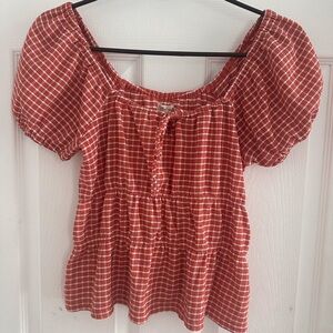 Madewell Orange Checkered Puff Sleeve Blouse
